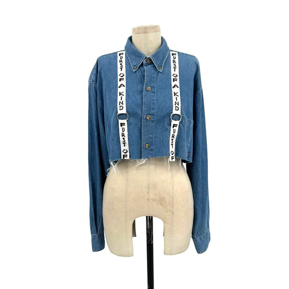 Furst of a Kind Cropped Denim Chambray Top w/ Logo Overall‎ Size Medium - Picture 1 of 4